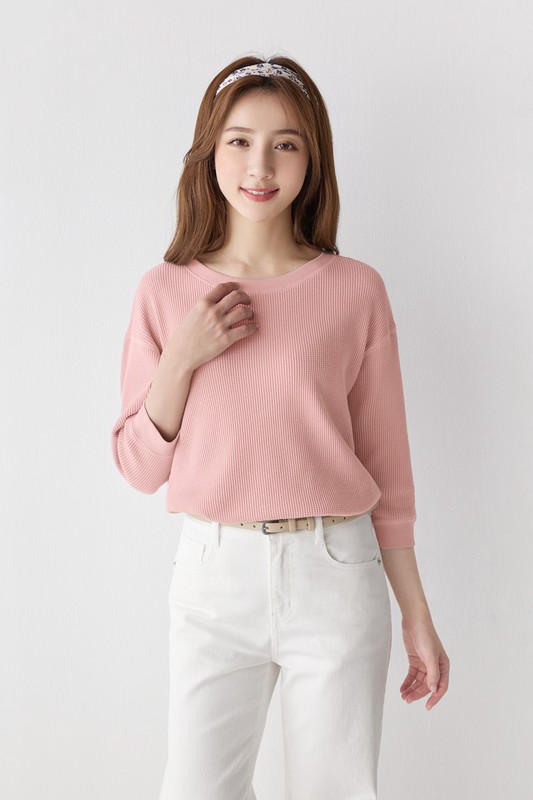 華夫格寬鬆七分袖T恤-女