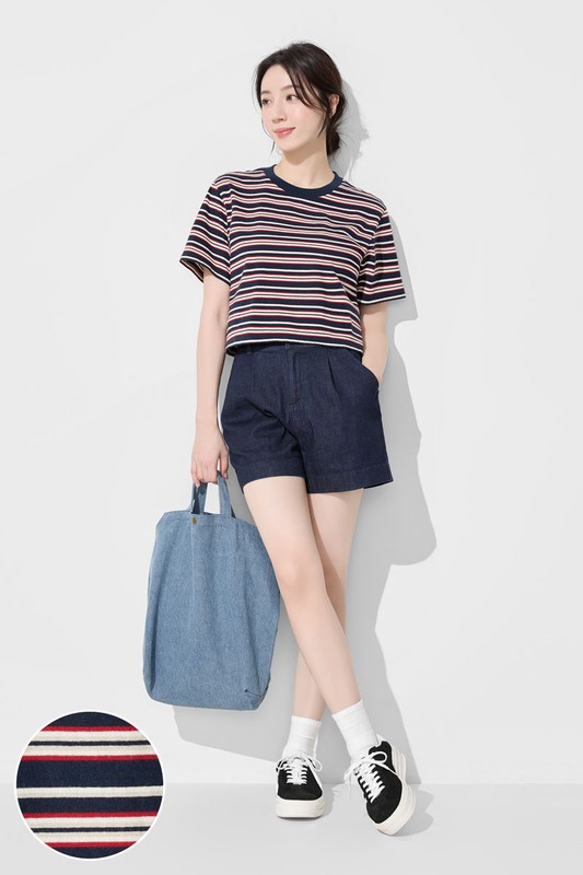 純棉短版條紋T恤-女
