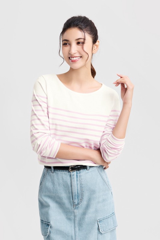 純棉條紋寬領長袖T恤-女