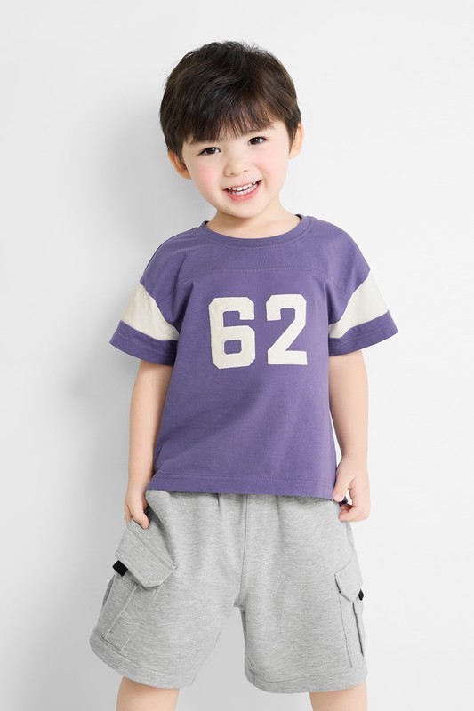 純棉文字寬版拼接T恤-童