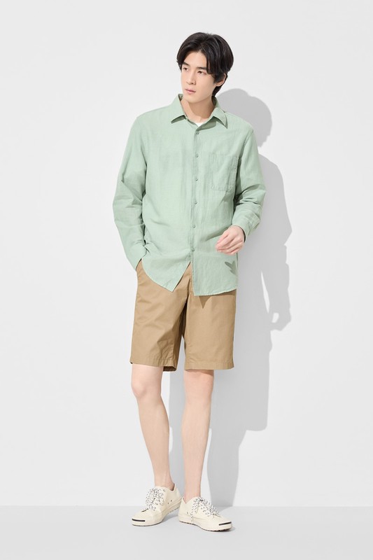 棉麻長袖襯衫-男