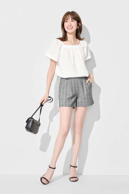 亞麻混紡方領寬版上衣-女