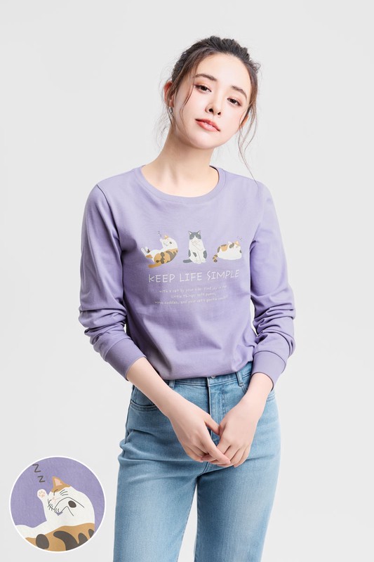 貓咪長袖印花T恤-01-女