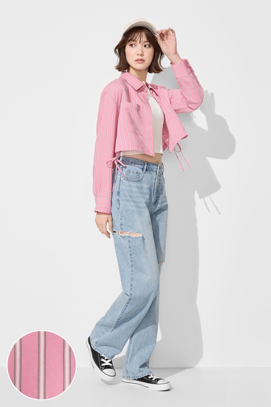 輕柔條紋短版長袖襯衫-女