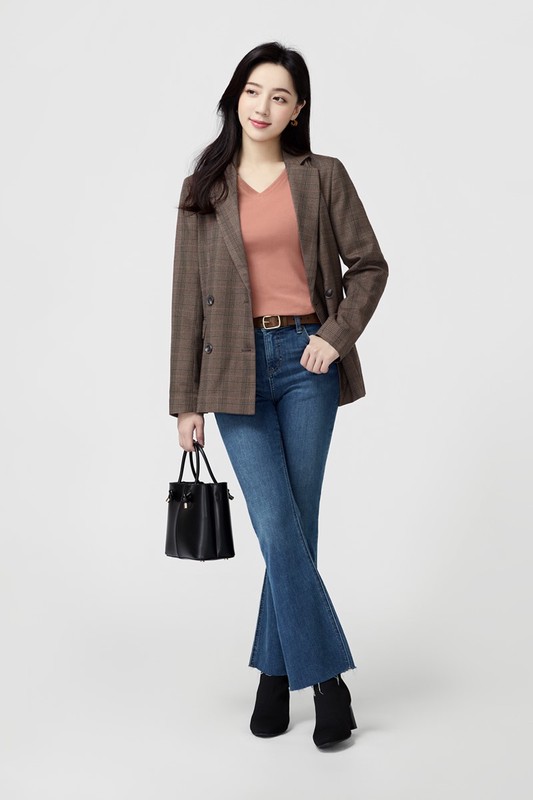 棉質羅紋V領七分袖T恤-女