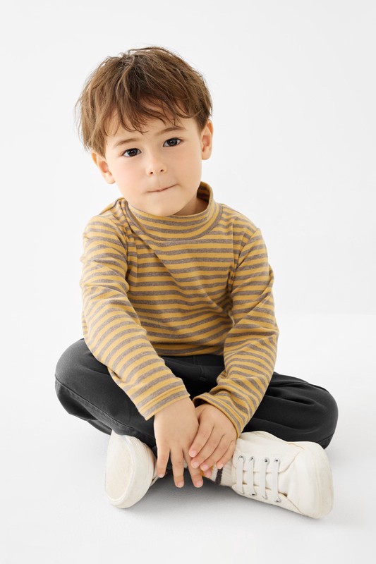 磨毛羅紋條紋立領T恤-童