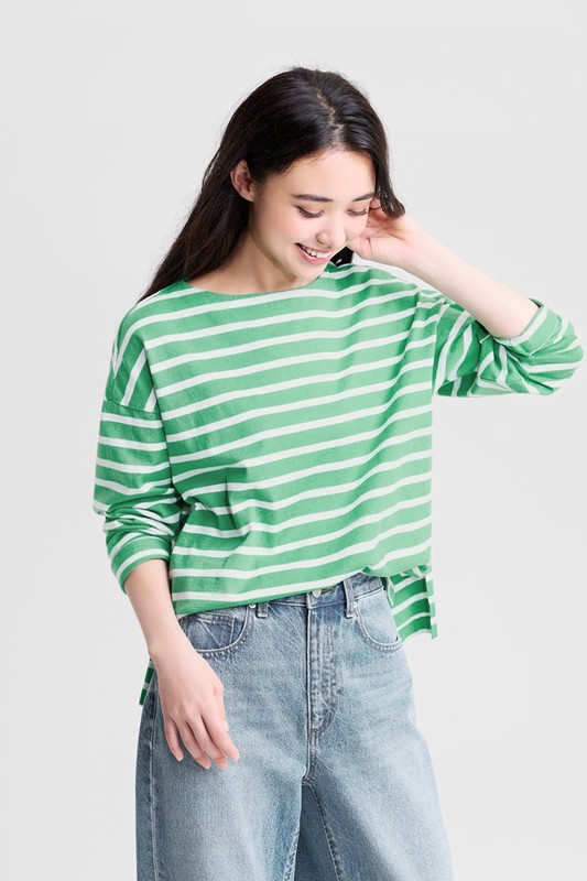 純棉粗紡落肩寬版條紋T恤-女