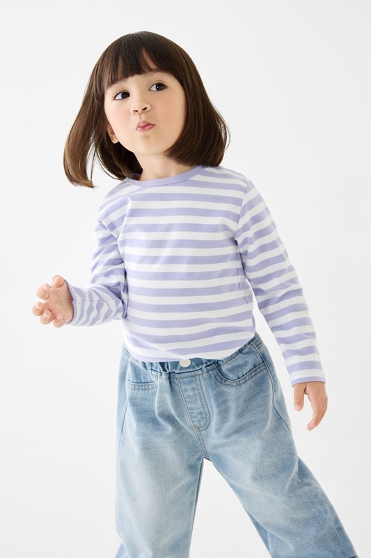 磨毛羅紋條紋圓領T恤-童