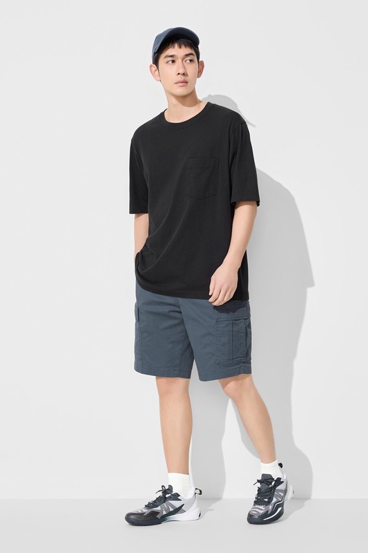 純棉厚寬版口袋五分袖T恤-男