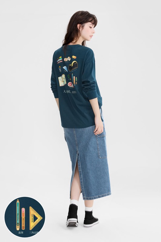 大人的圖鑑寬長版長袖印花T恤-07-女