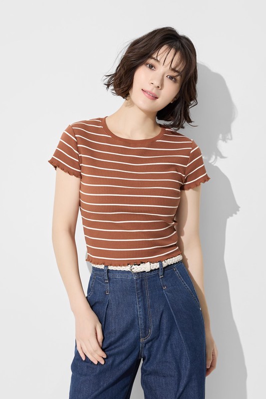 羅紋條紋木耳邊短版T恤-女