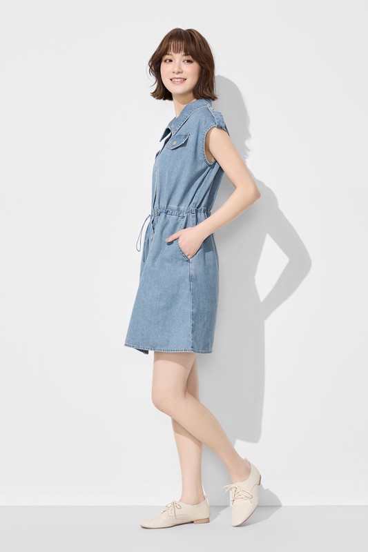 可調式腰圍牛仔短洋裝-女