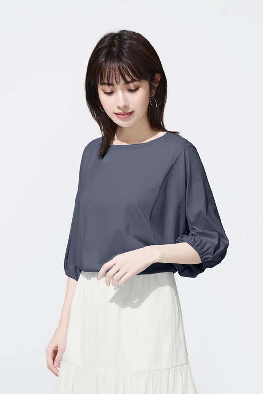 純棉寬鬆船領泡泡袖上衣-女