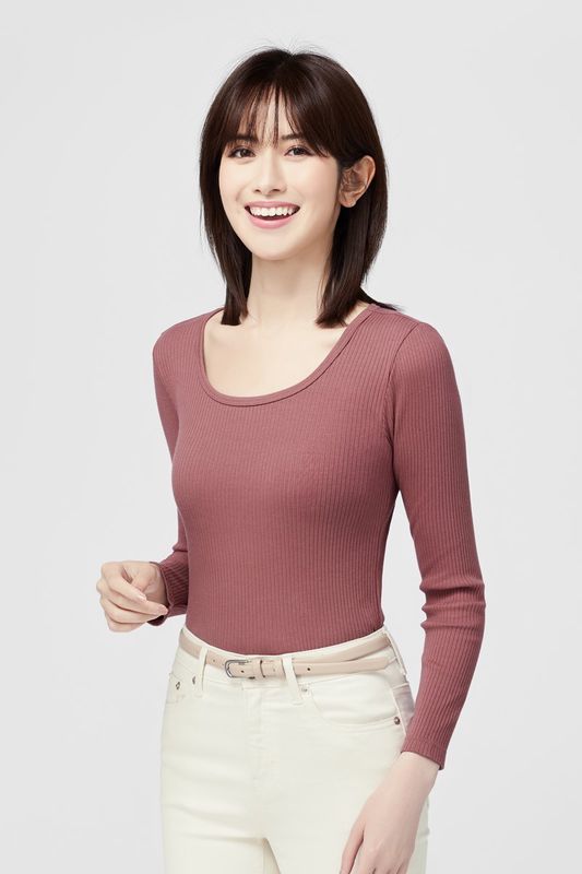 羅紋U領長袖T恤-女