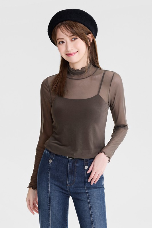 透膚木耳邊高領T恤-女