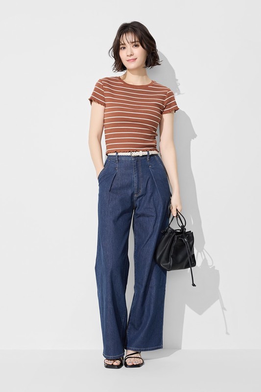 羅紋條紋木耳邊短版T恤-女