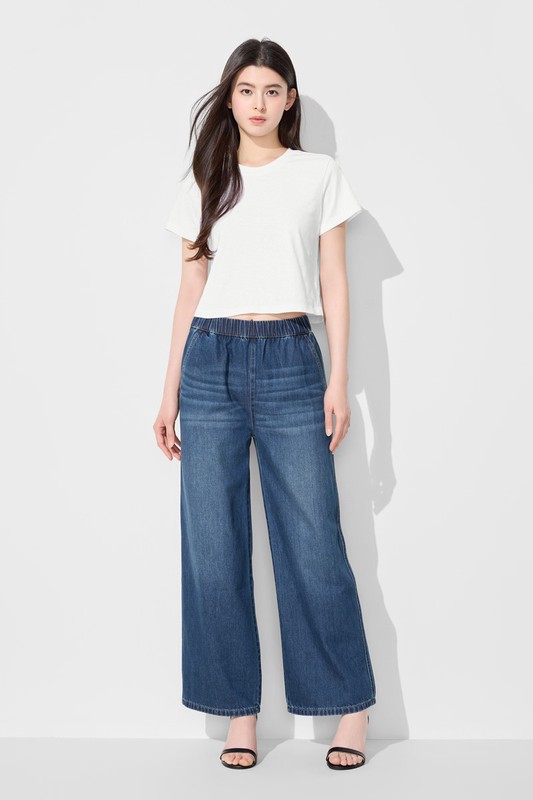 鬆緊牛仔寬褲-女