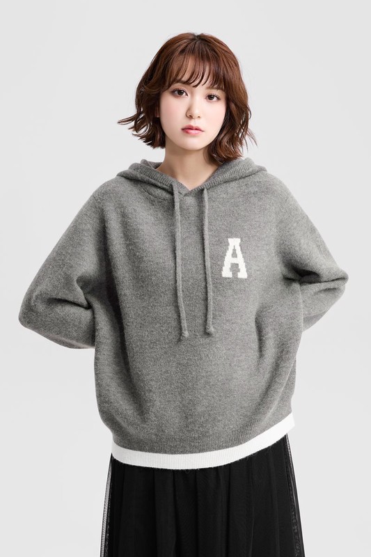 粗針混紡寬版連帽毛衣-女