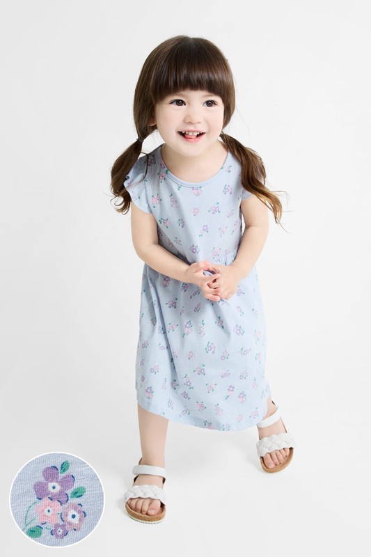 竹節棉荷葉袖花卉洋裝-童