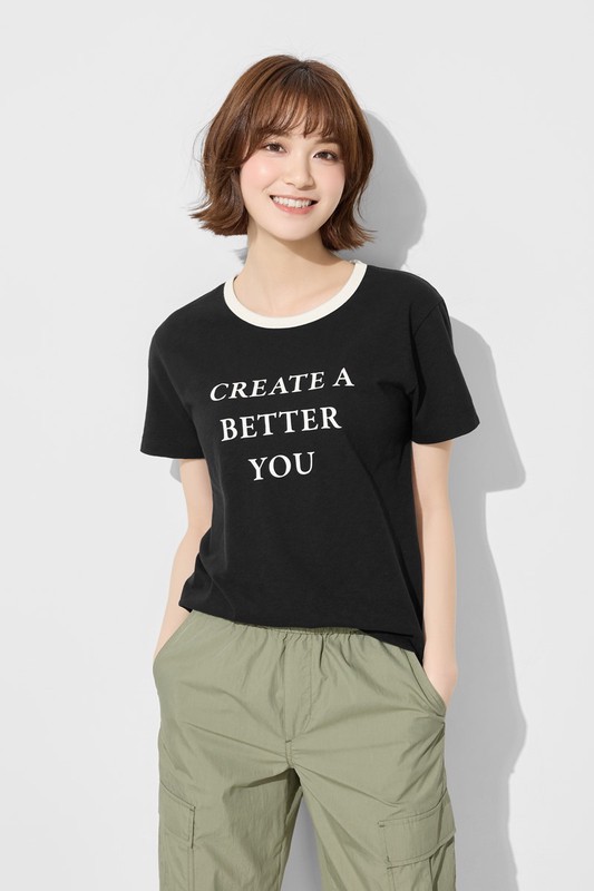 竹節棉配色文字T恤-女