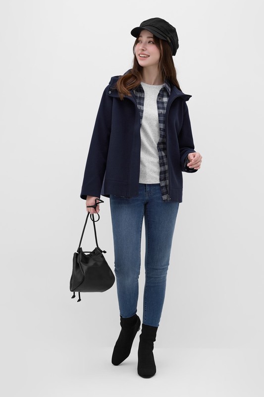 仿毛呢連帽短大衣-女