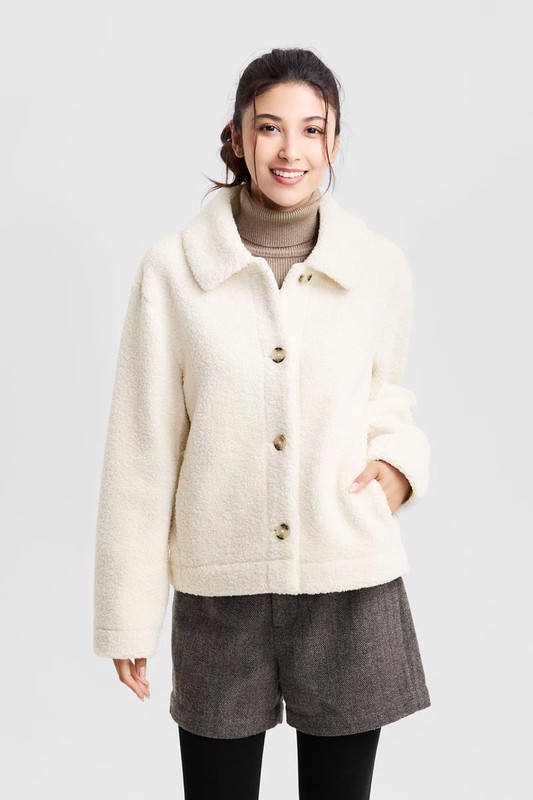 仿羊羔絨翻領外套-女