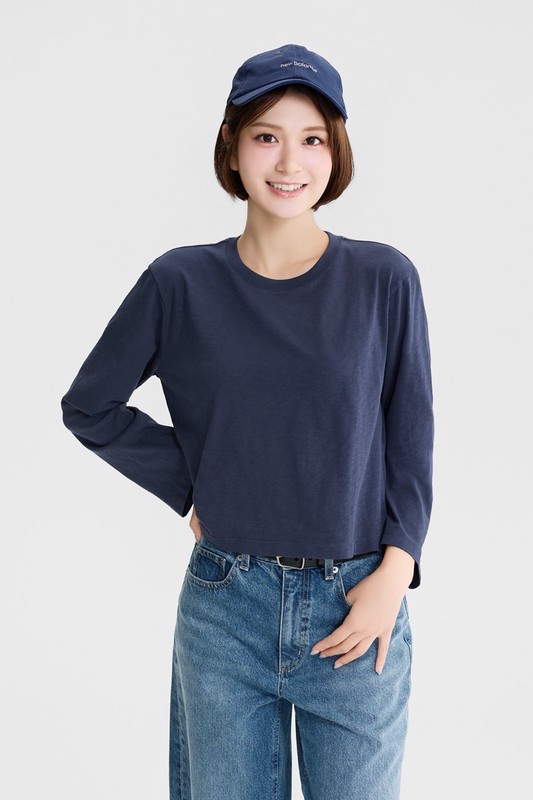竹節棉寬短版長袖T恤-女