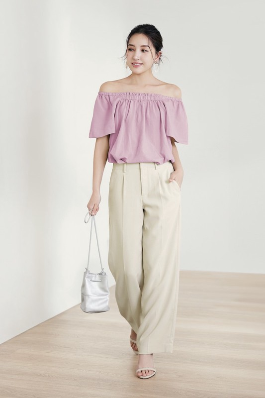 亞麻混紡方領寬版上衣-女