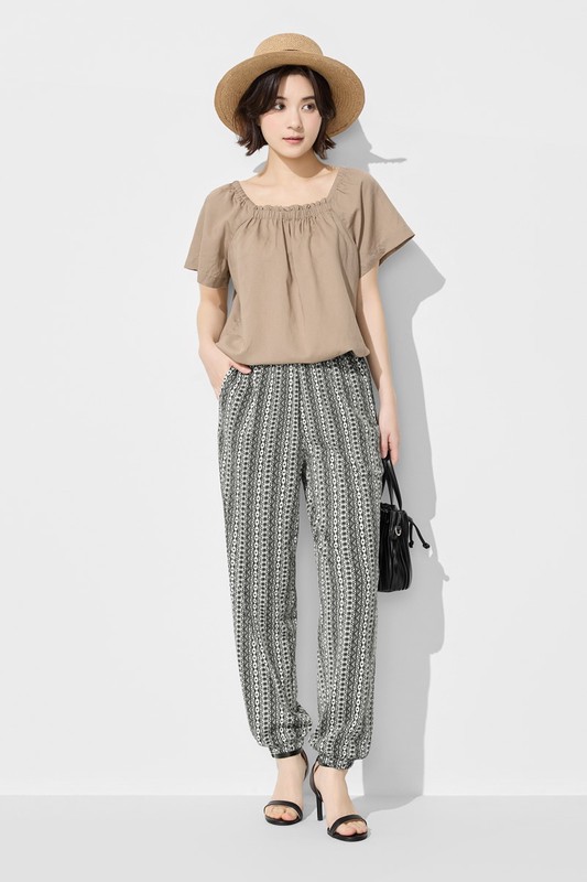 亞麻混紡方領寬版上衣-女