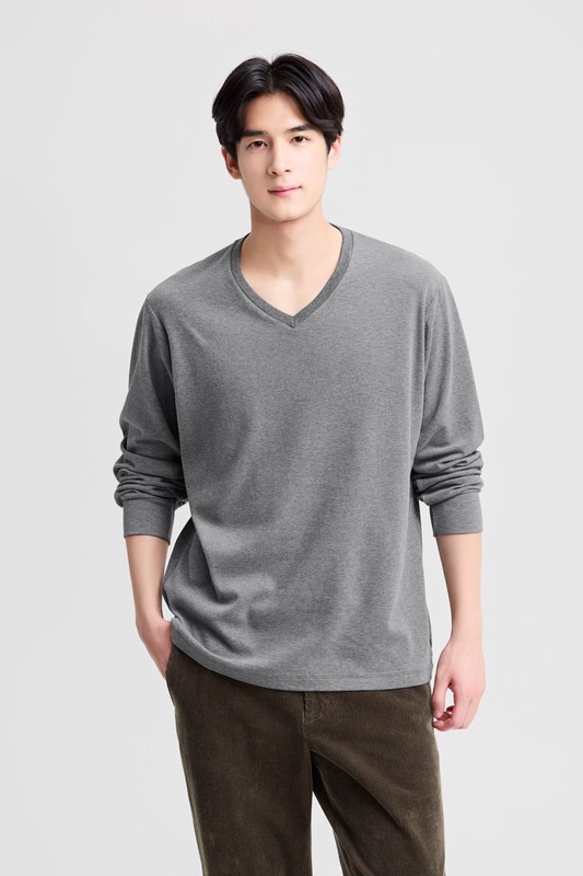 磨毛柔棉V領長袖T恤-男