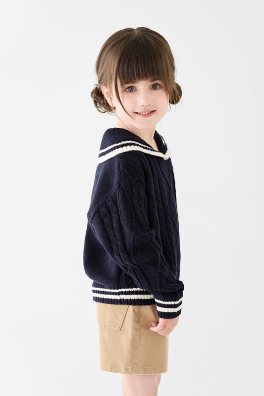配色翻領麻花毛衣-童