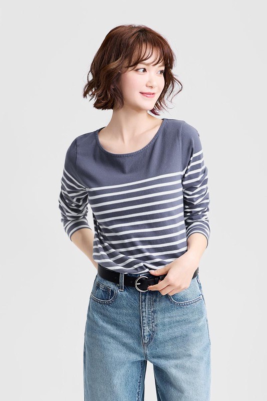 純棉條紋寬領長袖T恤-女
