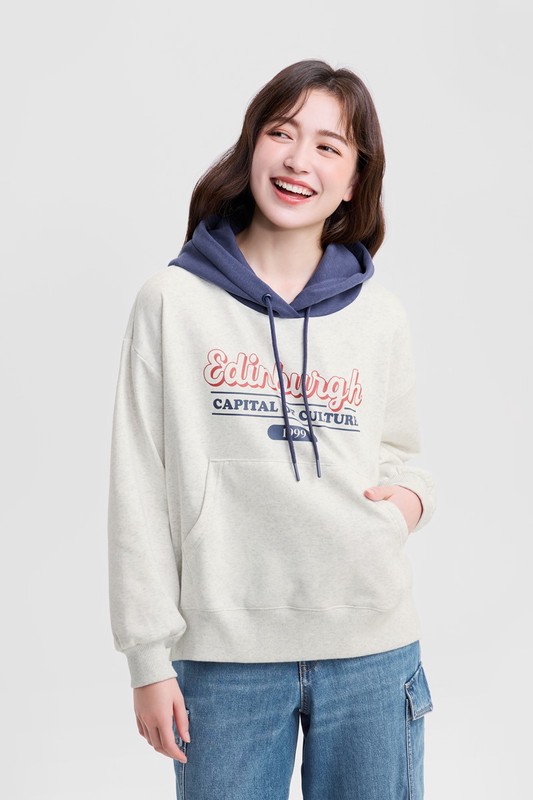 刷毛寬鬆文字連帽衫-女