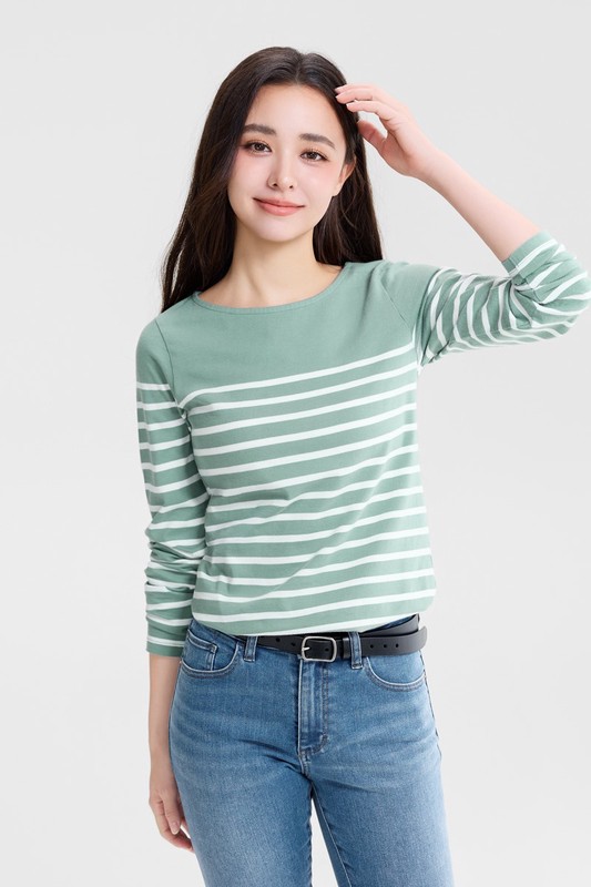 純棉條紋寬領長袖T恤-女