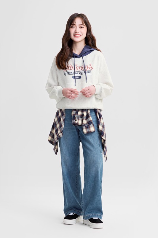 刷毛寬鬆文字連帽衫-女