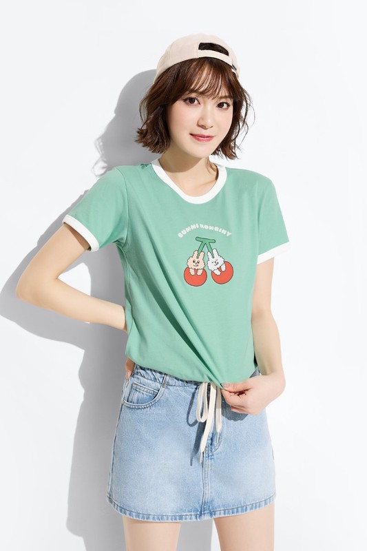 Bunni Konbiny羅紋配色印花T恤-04-女