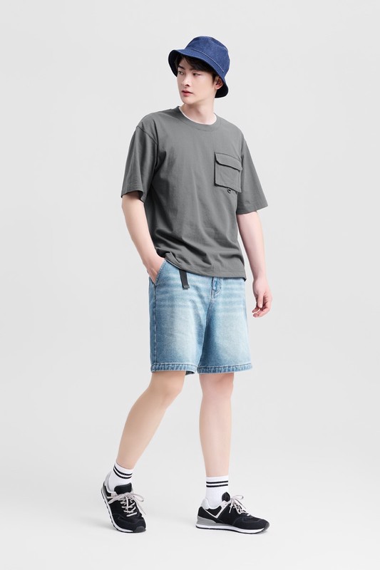 寬版牛仔短褲-男