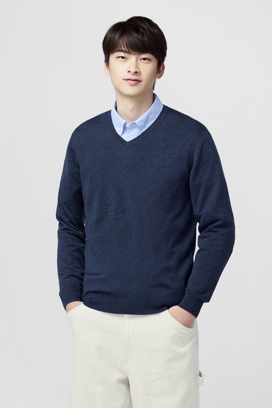 美麗諾羊毛混紡V領毛衣-男