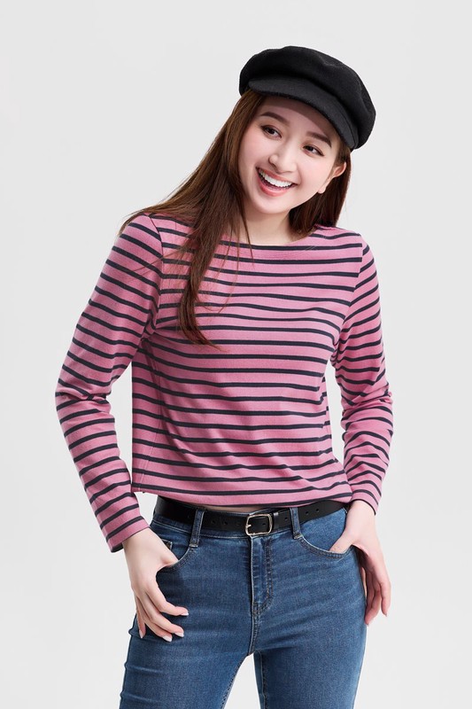 純棉粗紡條紋船型領T恤-女