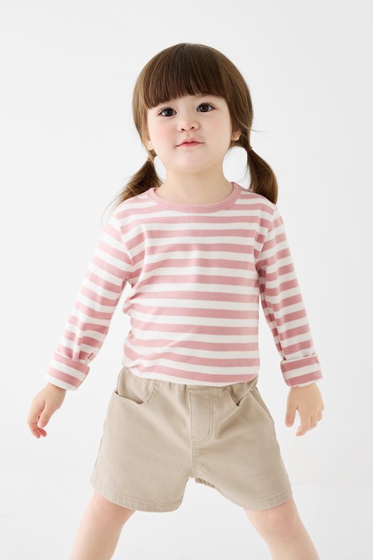 磨毛羅紋條紋圓領T恤-童