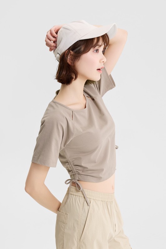 吸排抽繩短版T恤-女