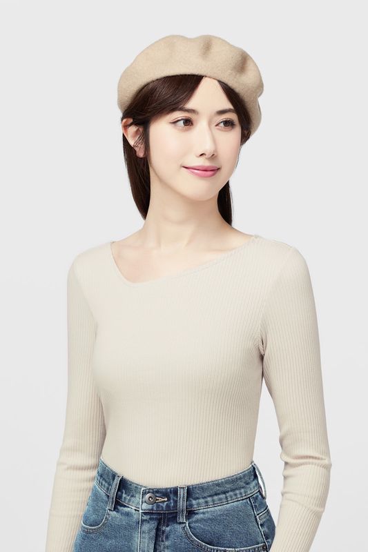 羅紋斜領長袖T恤-女