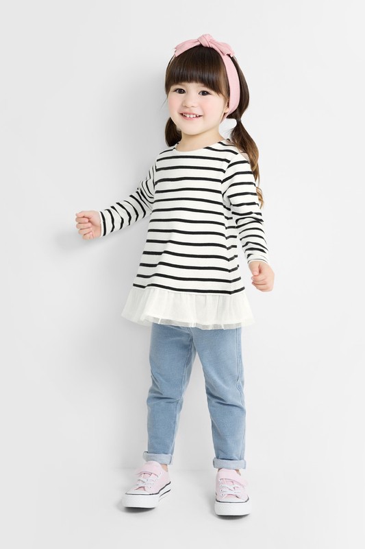 棉質羅紋條紋拼接上衣-童