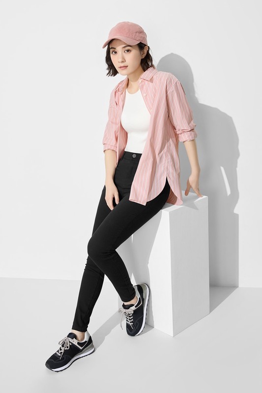 柔棉條紋長袖襯衫-女