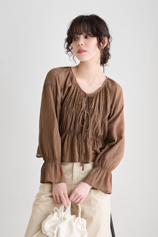 透膚細褶短版綁帶上衣-女