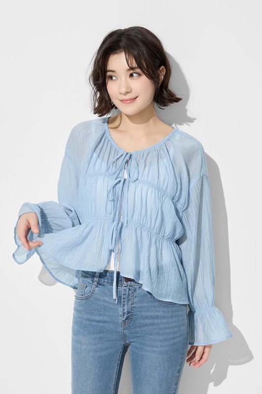 透膚細褶短版綁帶上衣-女