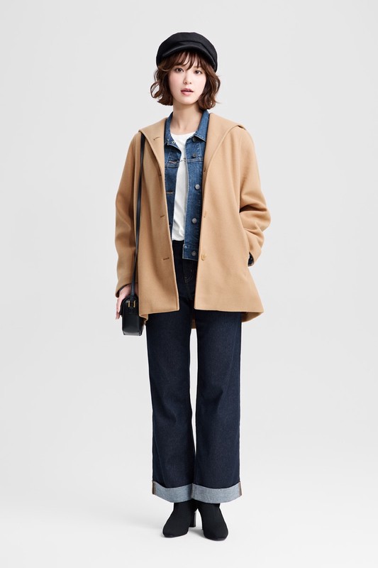 仿毛呢排釦連帽大衣-女