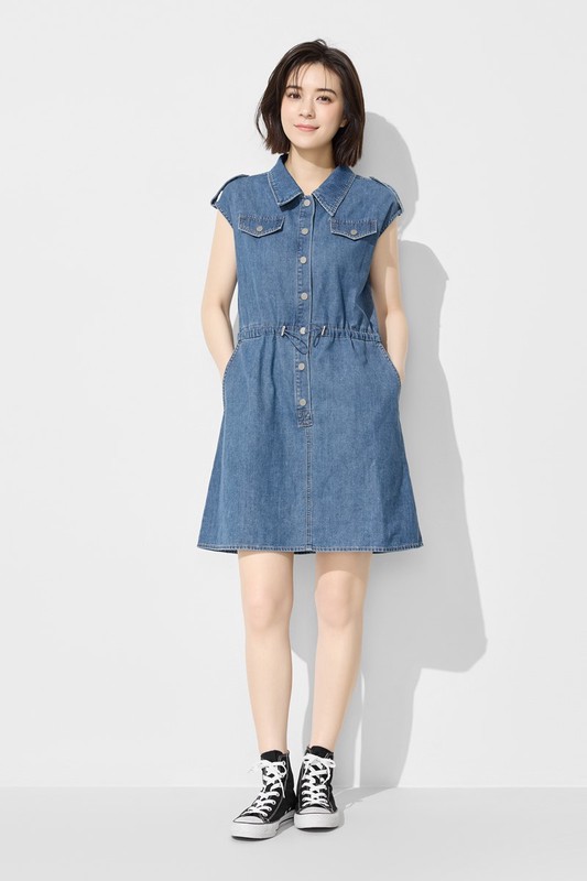 可調式腰圍牛仔短洋裝-女