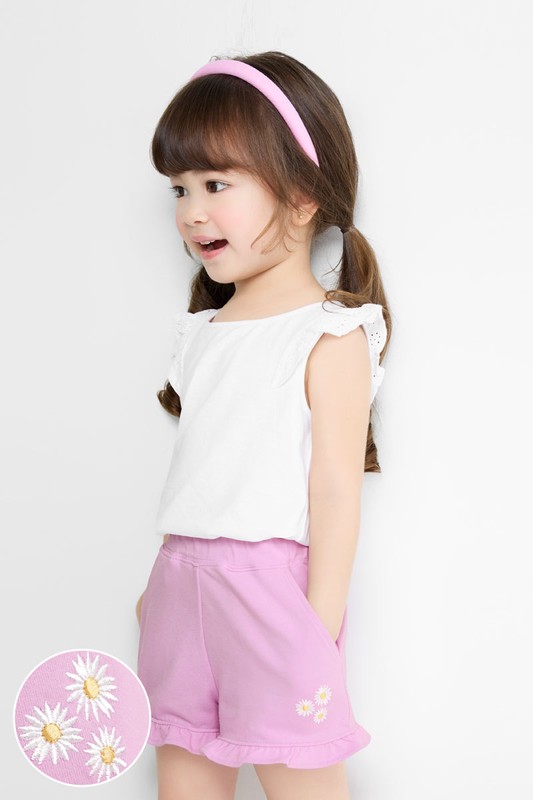荷葉邊小花電繡鬆緊短褲-童