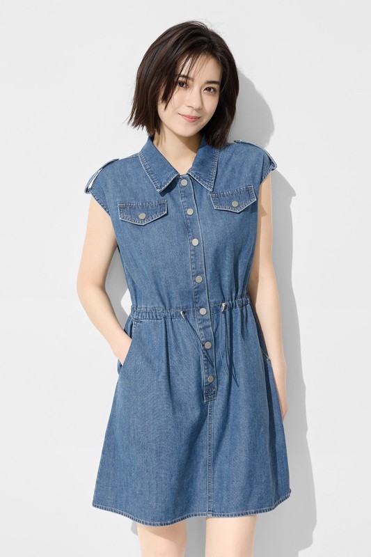 可調式腰圍牛仔短洋裝-女